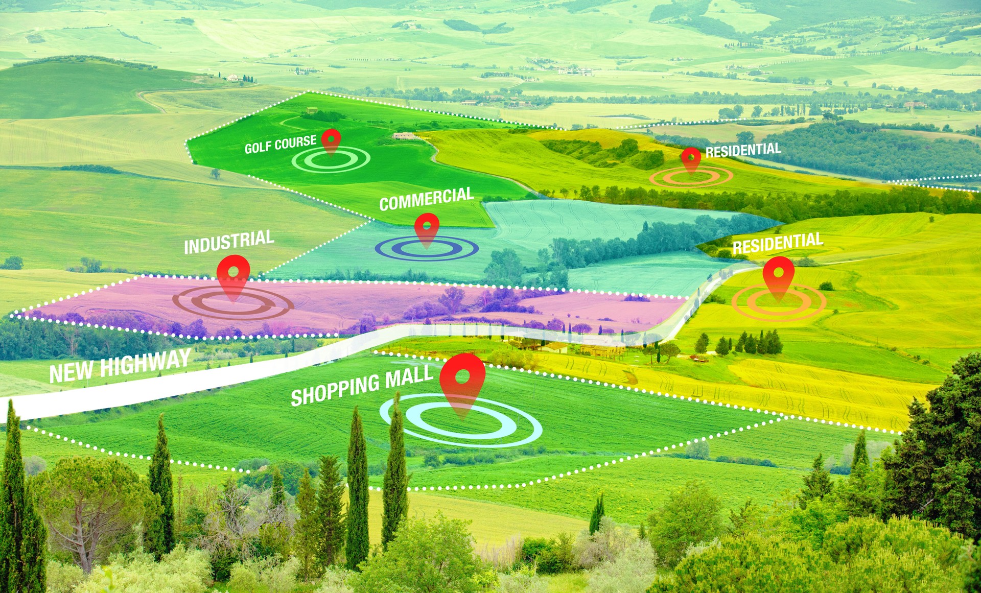 Concept of city development planning, rural landscape with dedicated areas for residential, commercial and industrial areas
